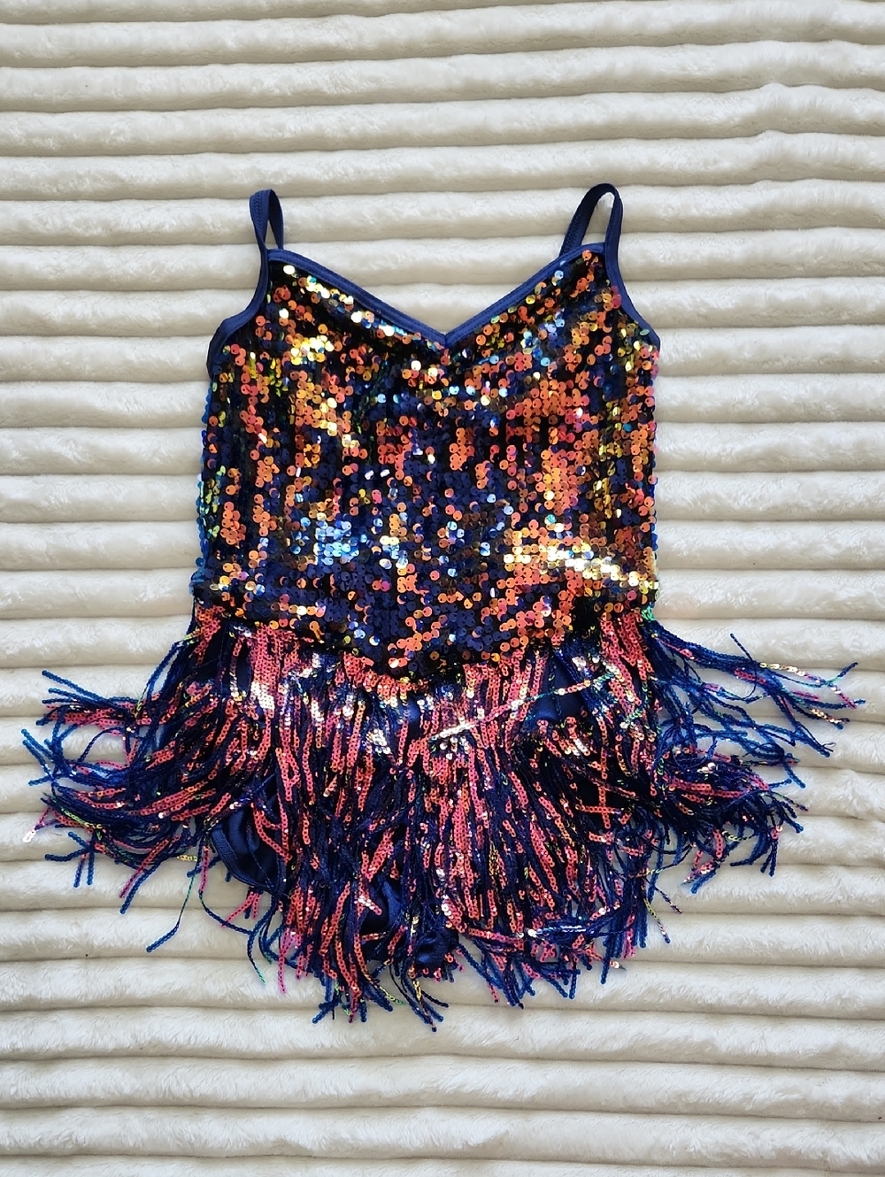 Weissman Navy Sequin Fringe Dance Costume with Multicolor Sparkle